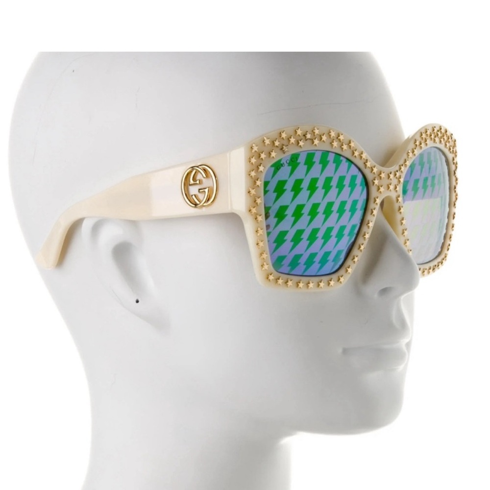 Gucci Oversized Star Sunglasses ⭐️ Ivory Frame, Blue-Green⚡️Reflective Lens